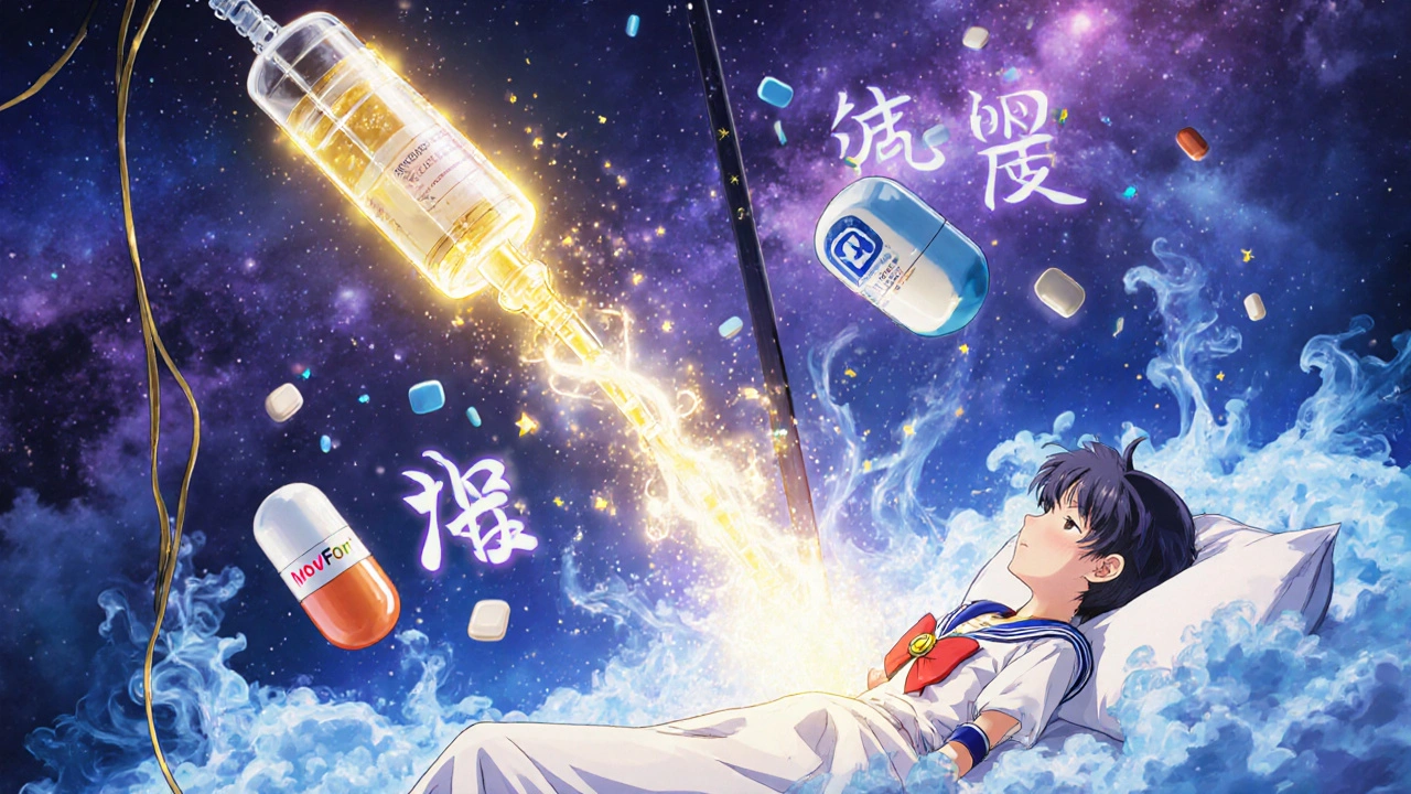 An IV drip of Remdesivir battles pill capsules in a cosmic clinic, with a patient on a floating bed surrounded by virus particles.