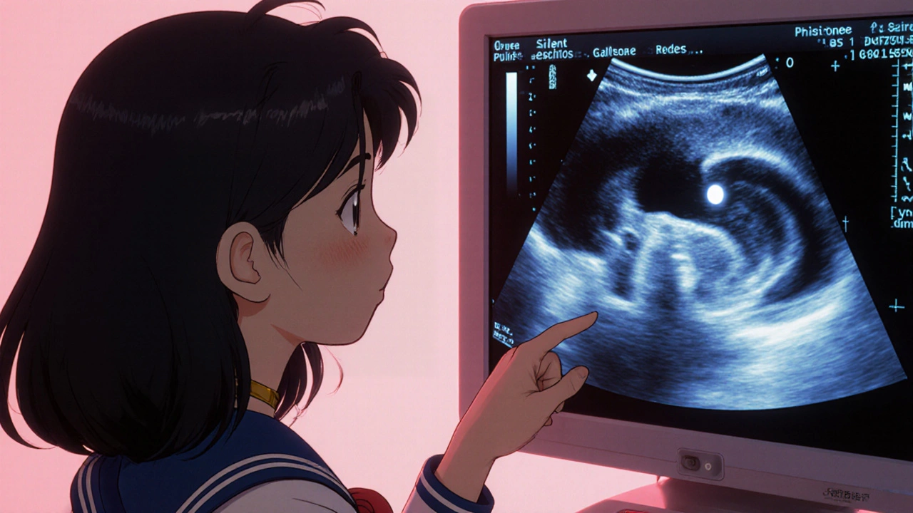 Anime doctor points to a tiny stone on an ultrasound screen showing waveforms.