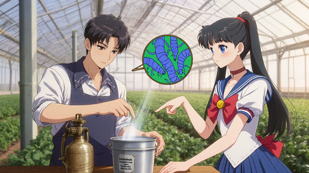 Anime farmer mixes levamisole; heroine points at cartoon nematodes being paralyzed.