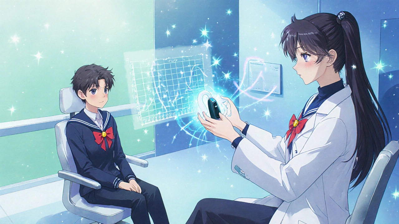 Audiologist fits a glowing hearing aid on a patient in a futuristic clinic with holographic audiogram.