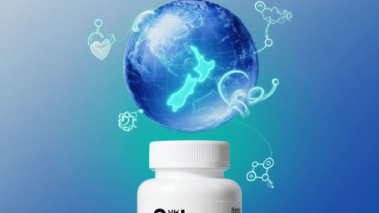 Bottle of Celexa pills with globe route NZ to US and serotonin symbols around a heart.