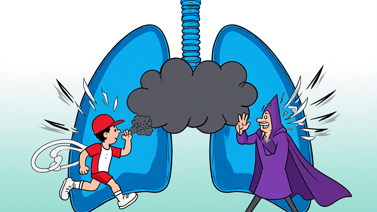 Cartoon lungs showing Albuterol and Ipratropium characters widening airways against constriction.