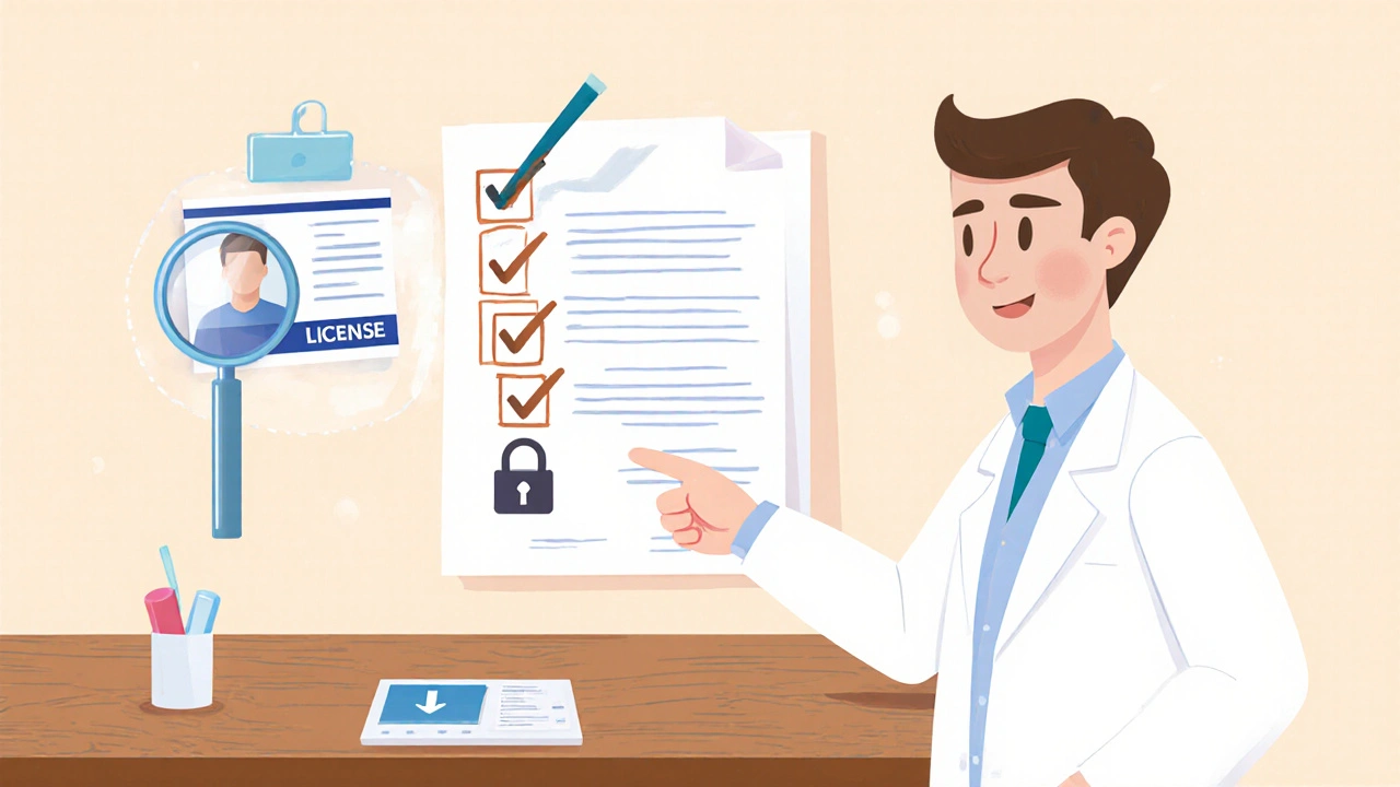 Checklist with license, padlock, credit card, and prescription icons next to a pharmacist.