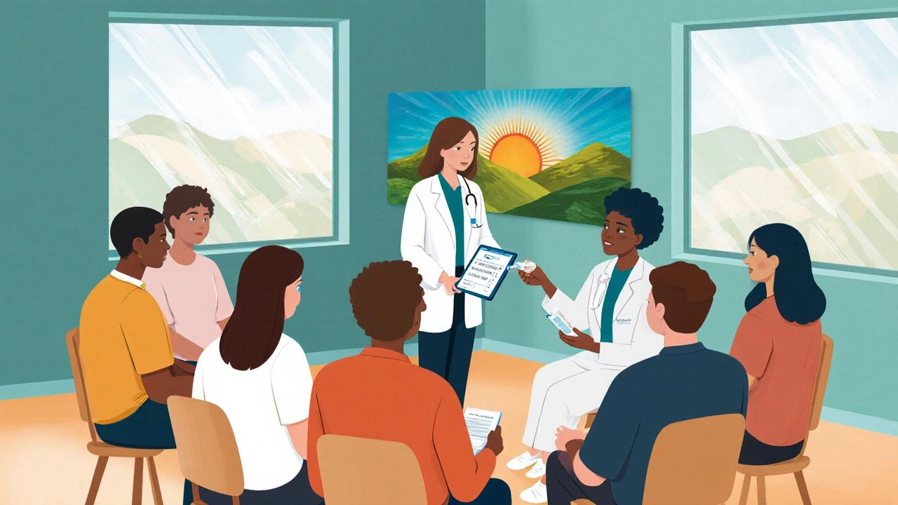 Clinic group counseling session with staff handing buprenorphine and a hopeful mural.