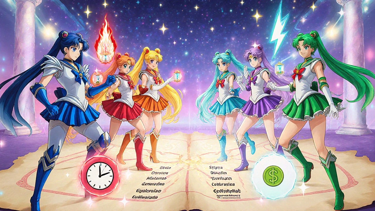 Color‑coded heroes representing different ED drugs battle, each showing icons for onset, duration, cost, and side effects.