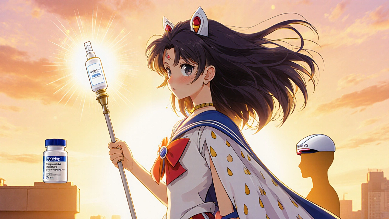 Confident woman with full hair on sunrise rooftop, holding minoxidil staff and laser cap.