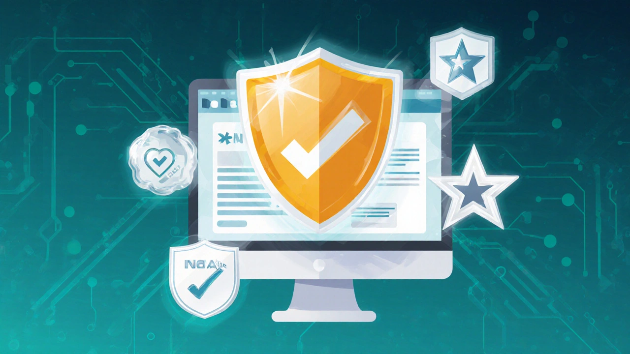 Digital shield and badge icons representing pharmacy verification on a screen.