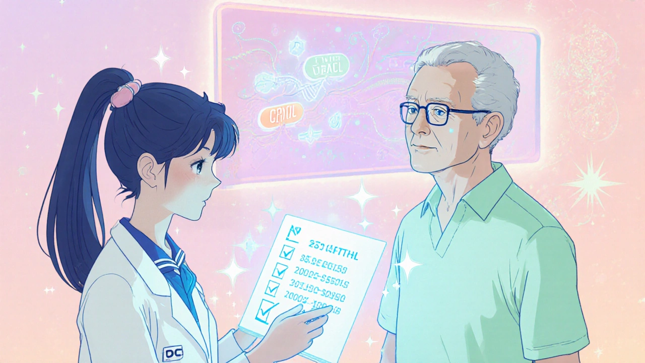 Doctor and elderly patient viewing a holographic checklist with AI and genetic data.