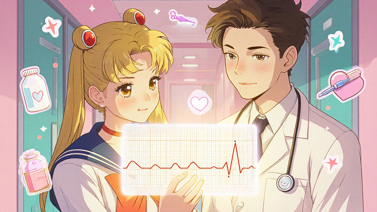 Doctor and patient review a holographic ECG, surrounded by symbolic medication icons.