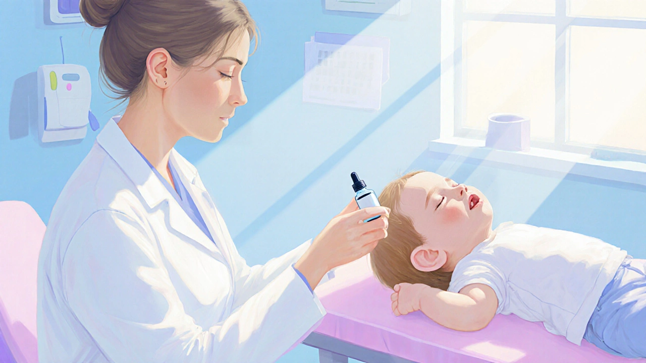 Doctor applying ear drops to a baby in a calm exam room.