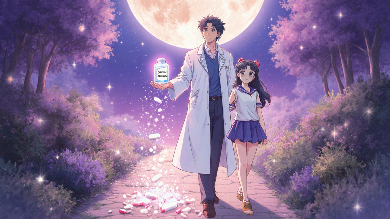 Doctor guiding patient on moonlit path, exchanging glowing medication bottles.