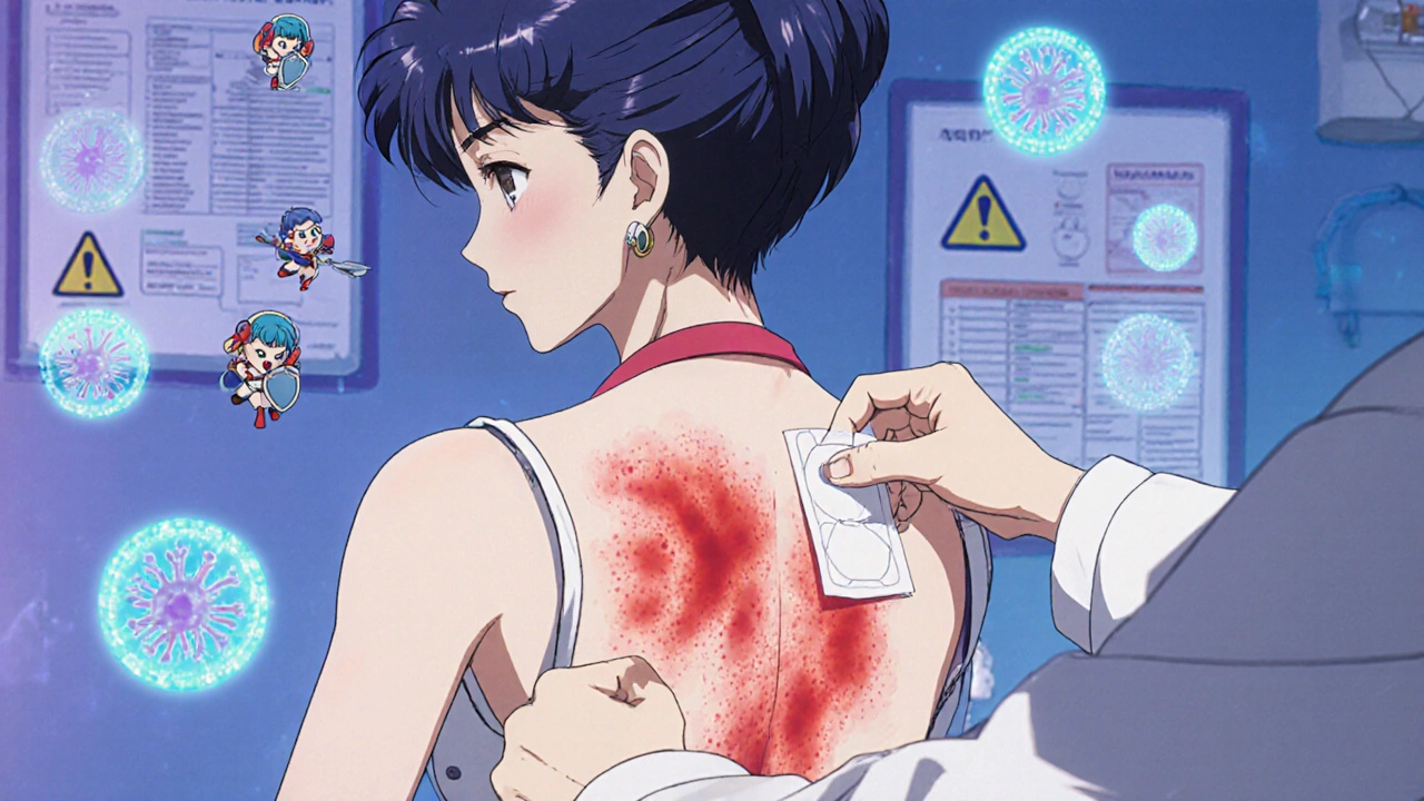 Doctor removing a patch test from a patient's back, revealing a crescent-shaped rash with holographic immune cells in the air.