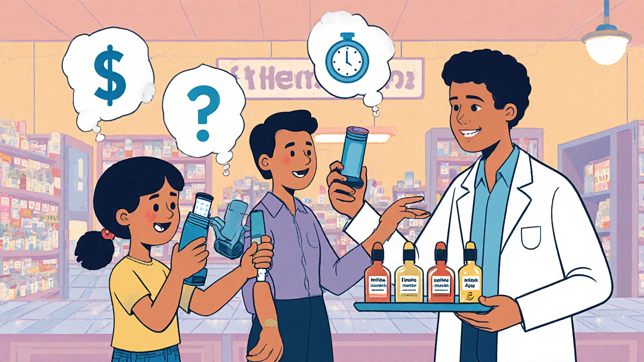Family in a pharmacy choosing inhalers, with thought bubbles showing cost and ease.