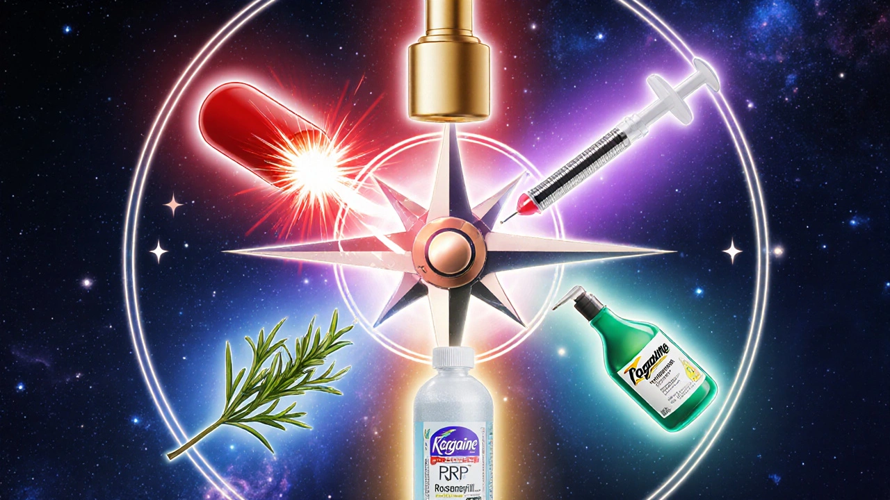 Floating icons of hair‑loss treatments surrounded by colored auras.