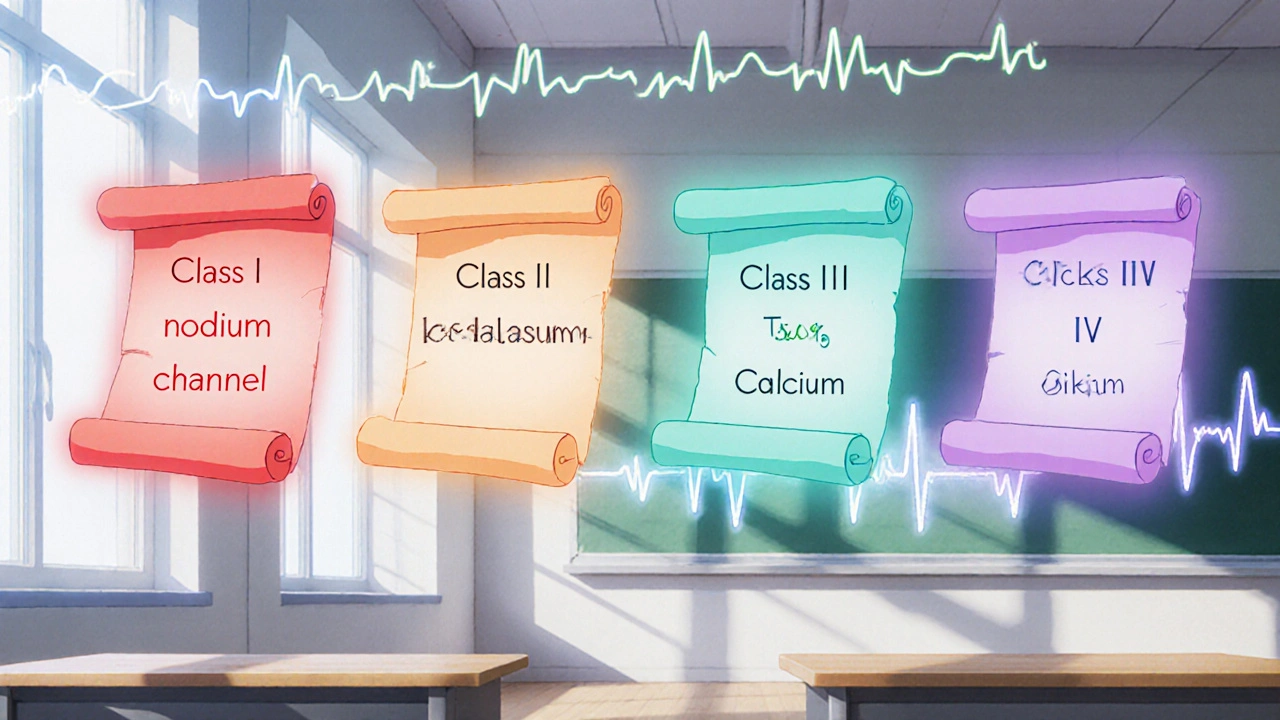Four glowing scrolls represent the four antiarrhythmic drug classes in a classroom.