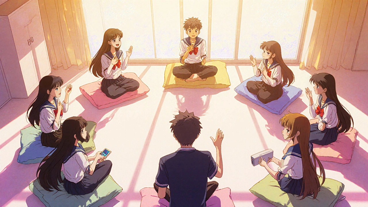 Friends and family gather in a bright room, practicing speechreading and sign language together.