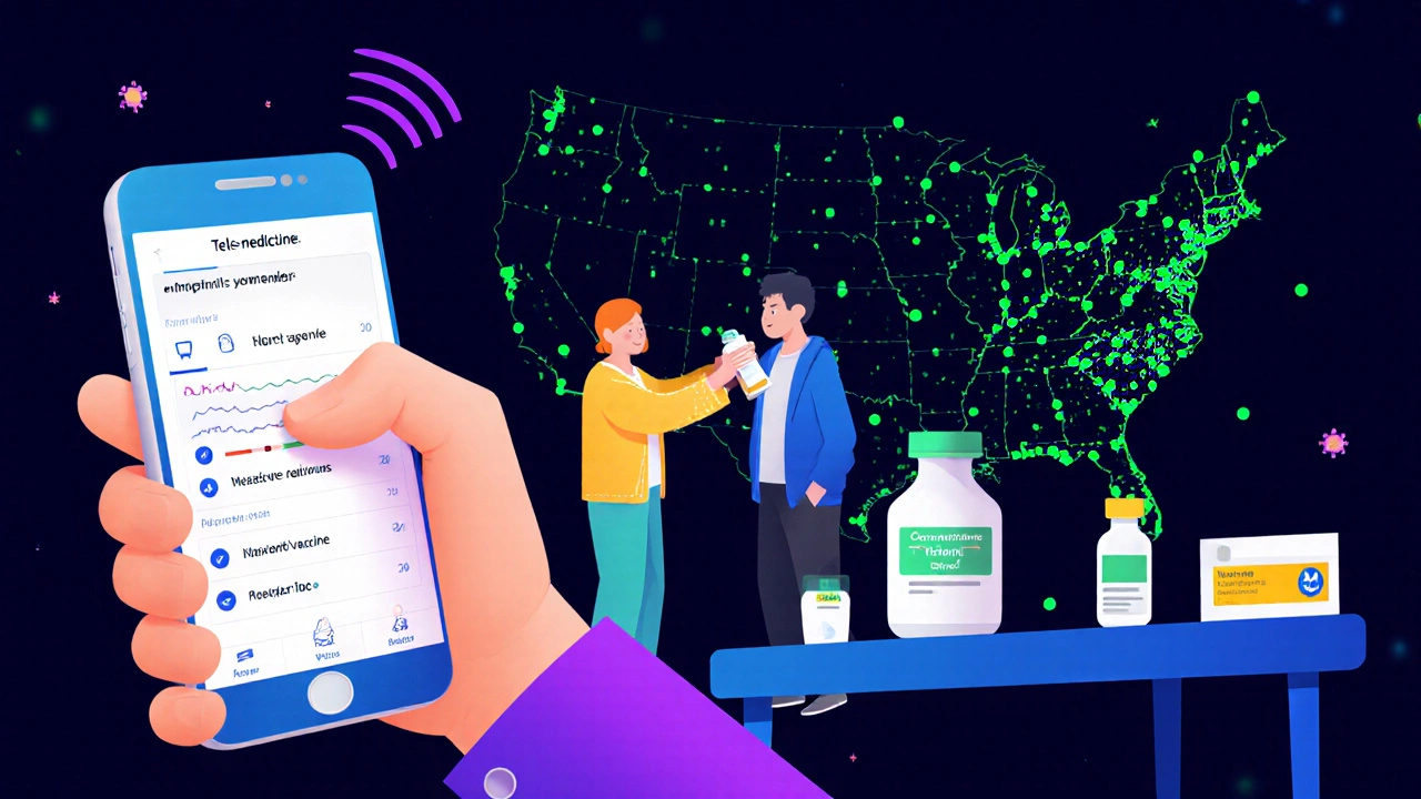 Future opioid response collage: telemedicine app, naloxone spray, and vaccine research.