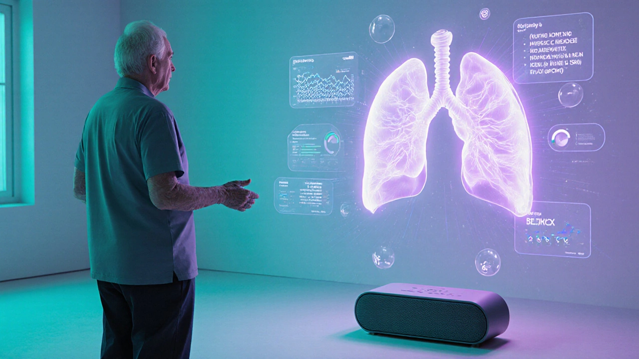 Future rehab scene with AI hologram guiding a senior through breathing exercises.