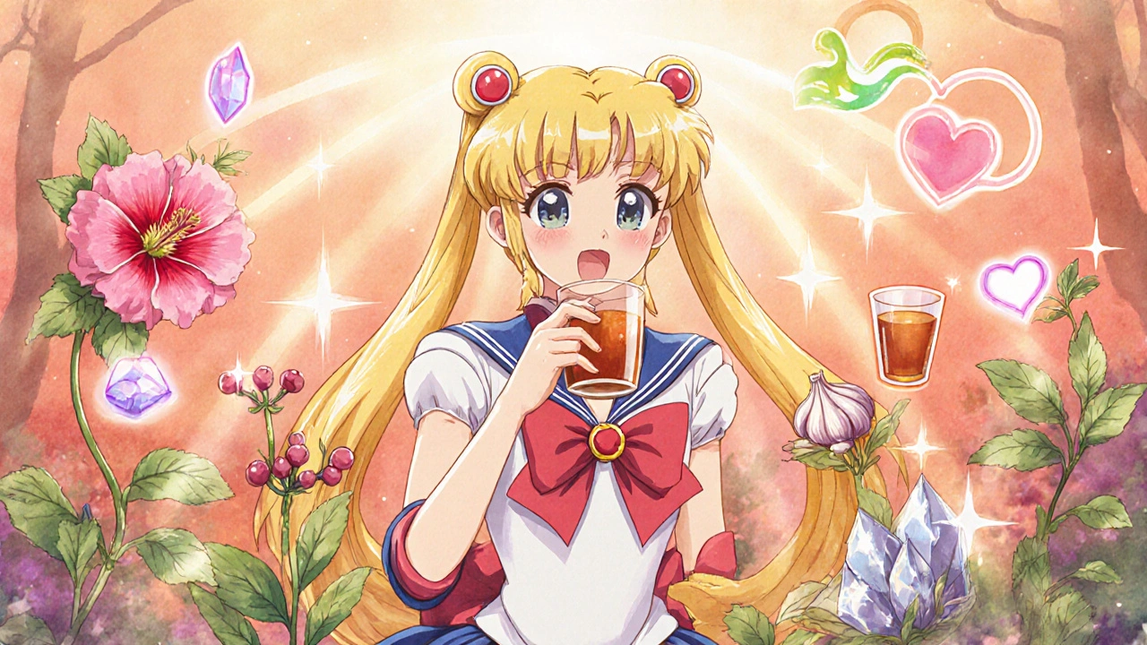 Gentle garden with hibiscus, garlic, hawthorn, and magnesium glowing in warm light.