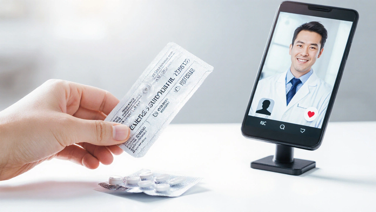 Hand placing sealed generic sildenafil blister pack beside a telehealth phone screen.