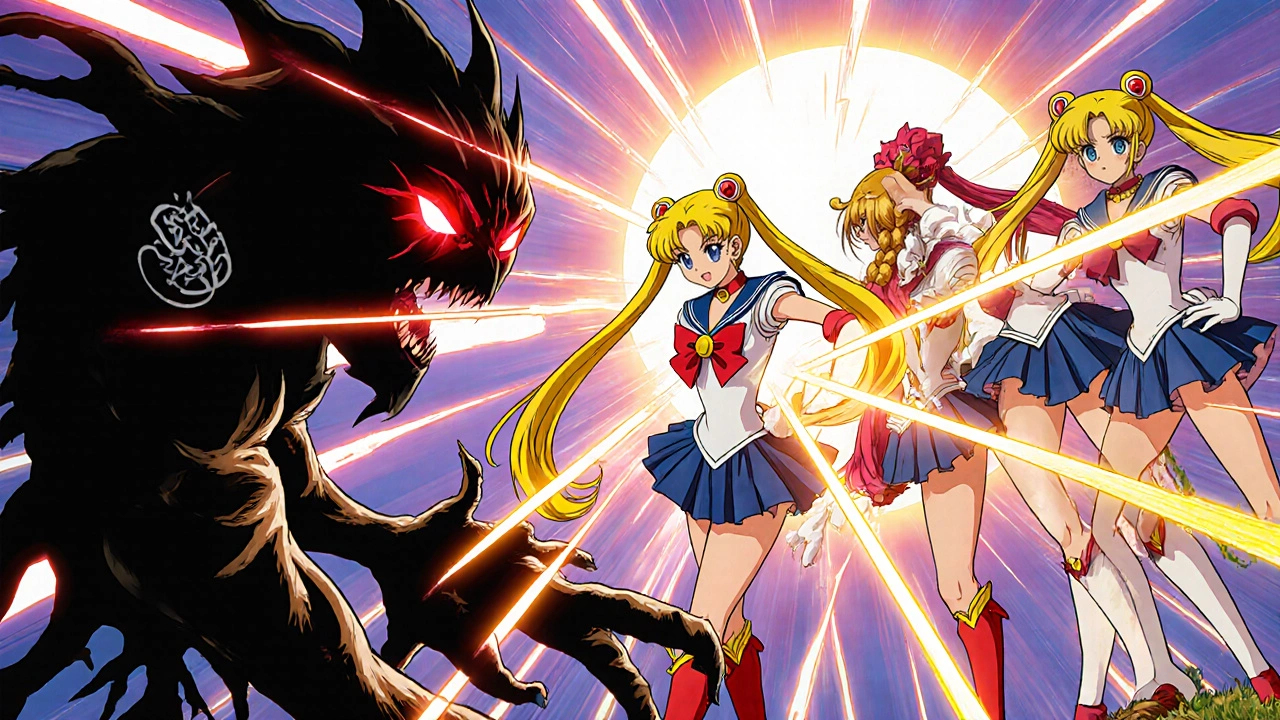 Heroic natural remedies battle the dark Serpina figure in anime battle scene.