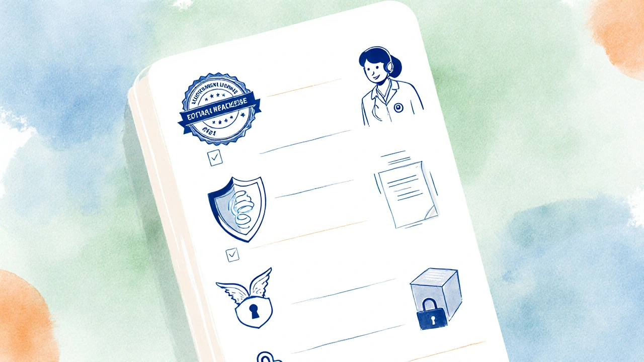 Illustrated checklist of icons representing pharmacy license, pharmacist, privacy, prescription, payment security, and shipping.