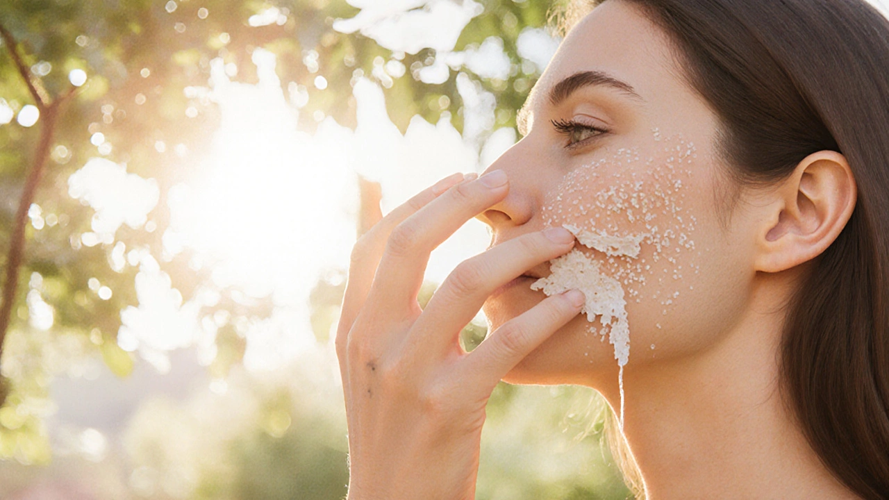 Illustration of a woman applying sunscreen to a freckle‑tattooed cheek in a sunny garden.