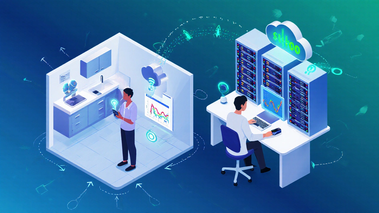 Illustration of patient data syncing to cloud and clinician reviewing dashboard.