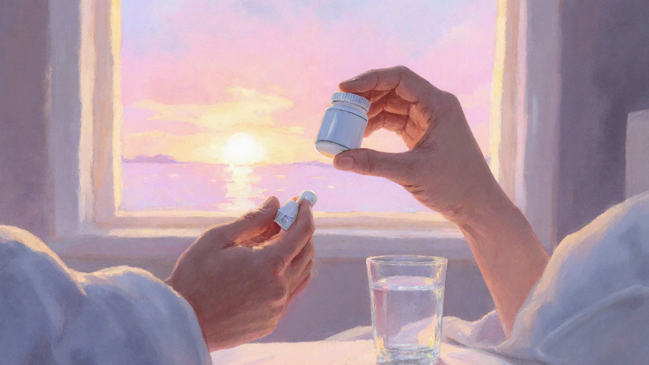Individual taking a generic pill with water beside a sunrise window.