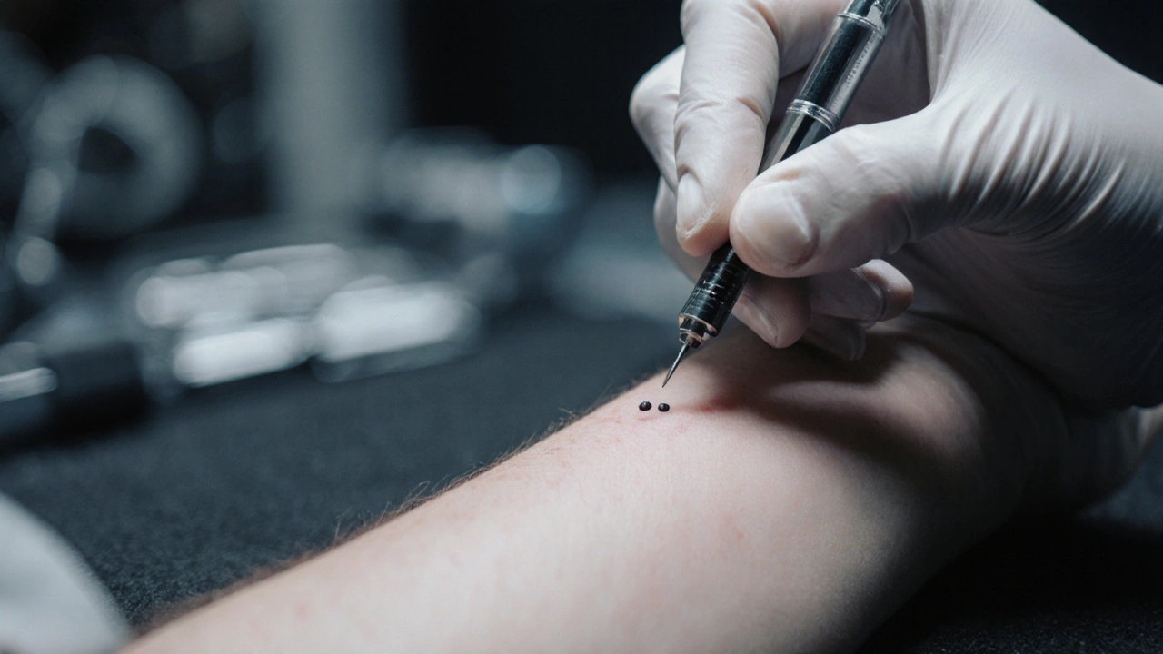 Macro view of a tattoo artist applying a microscopic pigment dot with a single‑needle.