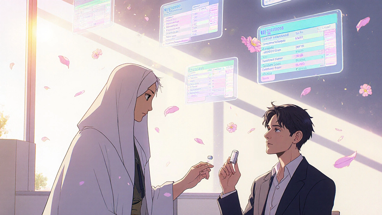 Man discusses medication options with a doctor in a sunlit clinic, looking at floating screens.