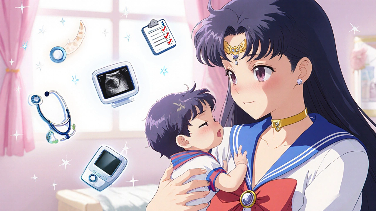 Mother holding baby with sparkling checklist icons around them.