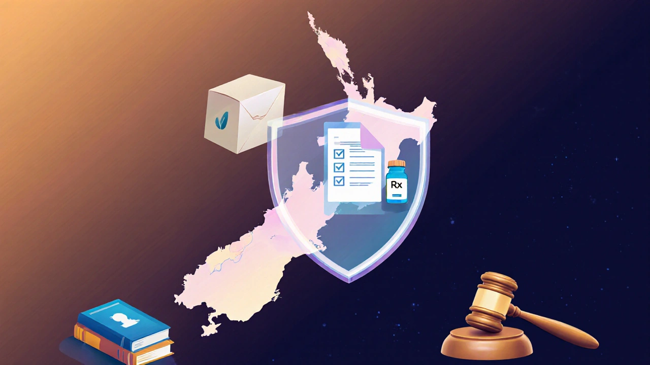 Pastel New Zealand map with shield of prescription and pill, courier parcel hovering.