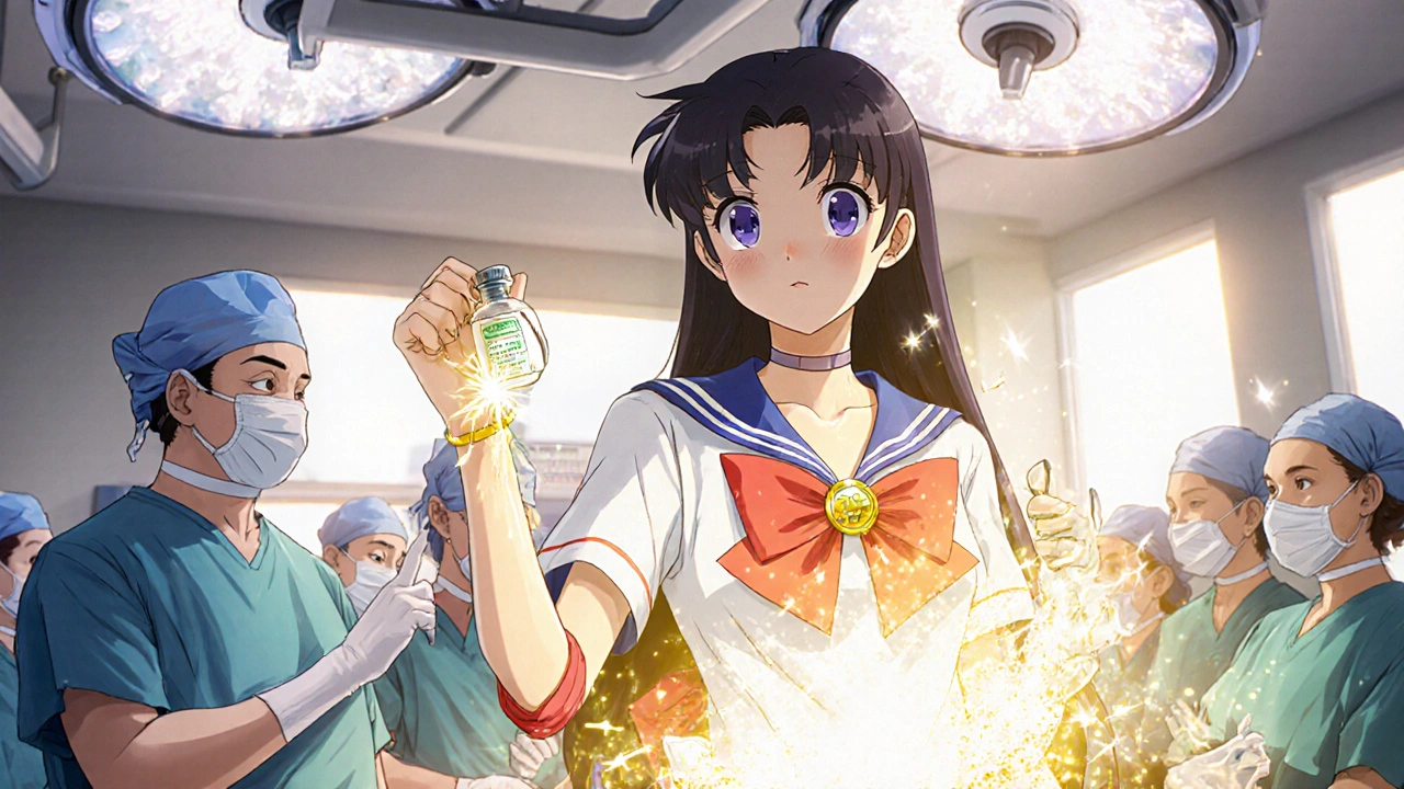 Patient wearing a glowing medical alert bracelet, standing confidently as povidone-iodine shatters and safe alternatives glow nearby.