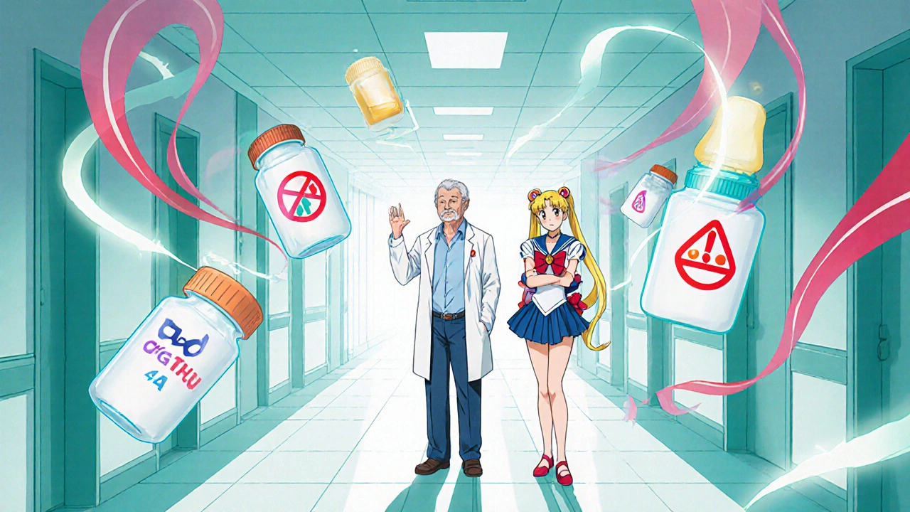 Pharmacist with senior patient surrounded by floating medicine bottles and warning icons.