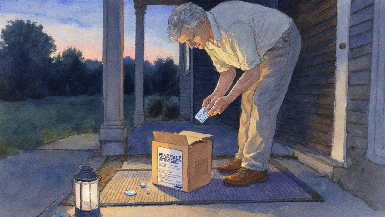 Recipient opening a discreet pharmacy box and inspecting a generic duloxetine tablet.