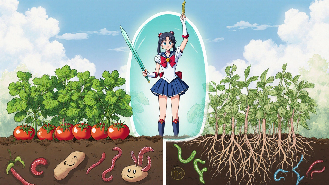 Sailor Moon heroine protects crop roots; healthy plants and happy earthworms shown.