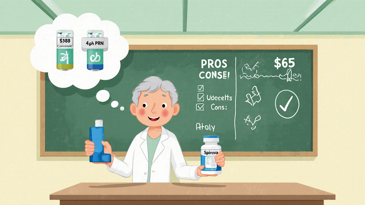 Shopper at pharmacy weighing Combivent vs Spiriva, with price tags and pros/cons in a vintage cartoon style.