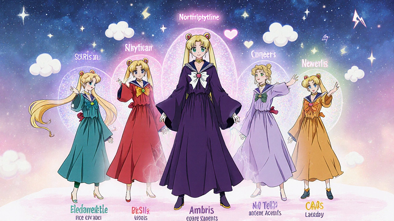 Six enchanted figures in colorful outfits representing different antidepressant classes.