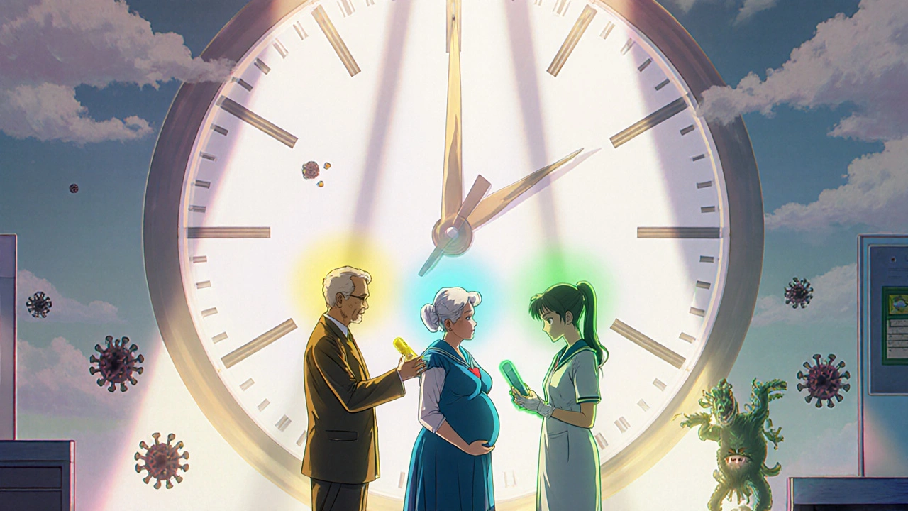 Three patients in a clinic receive antivirals as a countdown clock ticks down, with virus monsters crumbling around them.