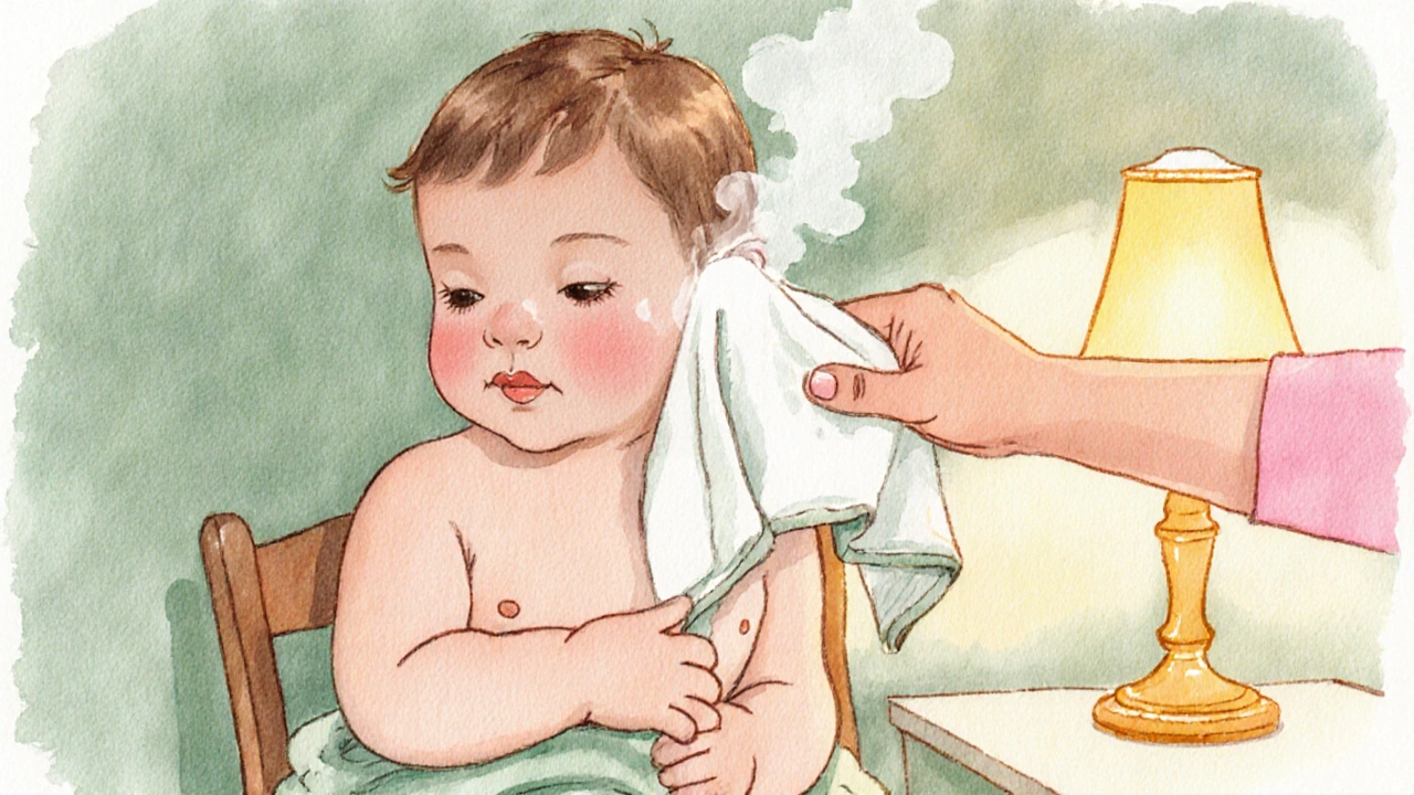 Toddler receiving a warm compress on the ear after a bath.