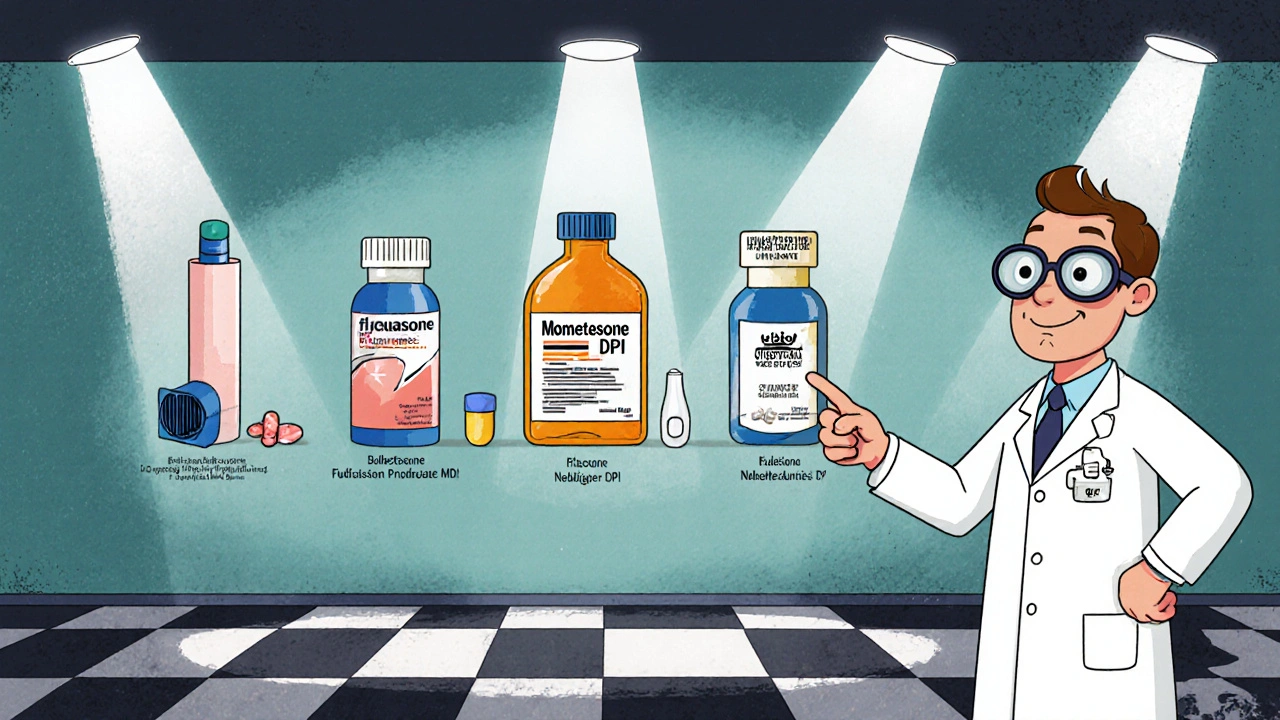 Vintage cartoon lineup of several inhaler types and a tablet with a doctor pointing.