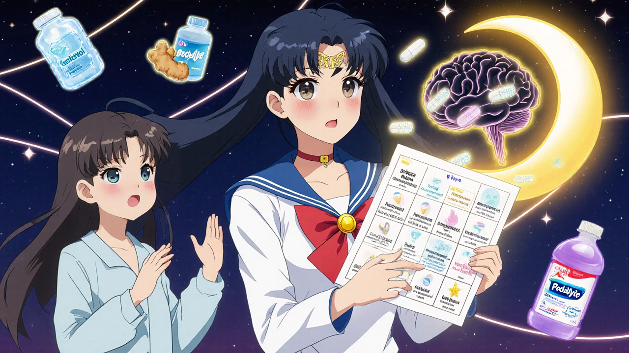 A doctor shows a glowing opioid conversion chart to a patient, with hydration and medication symbols floating nearby.