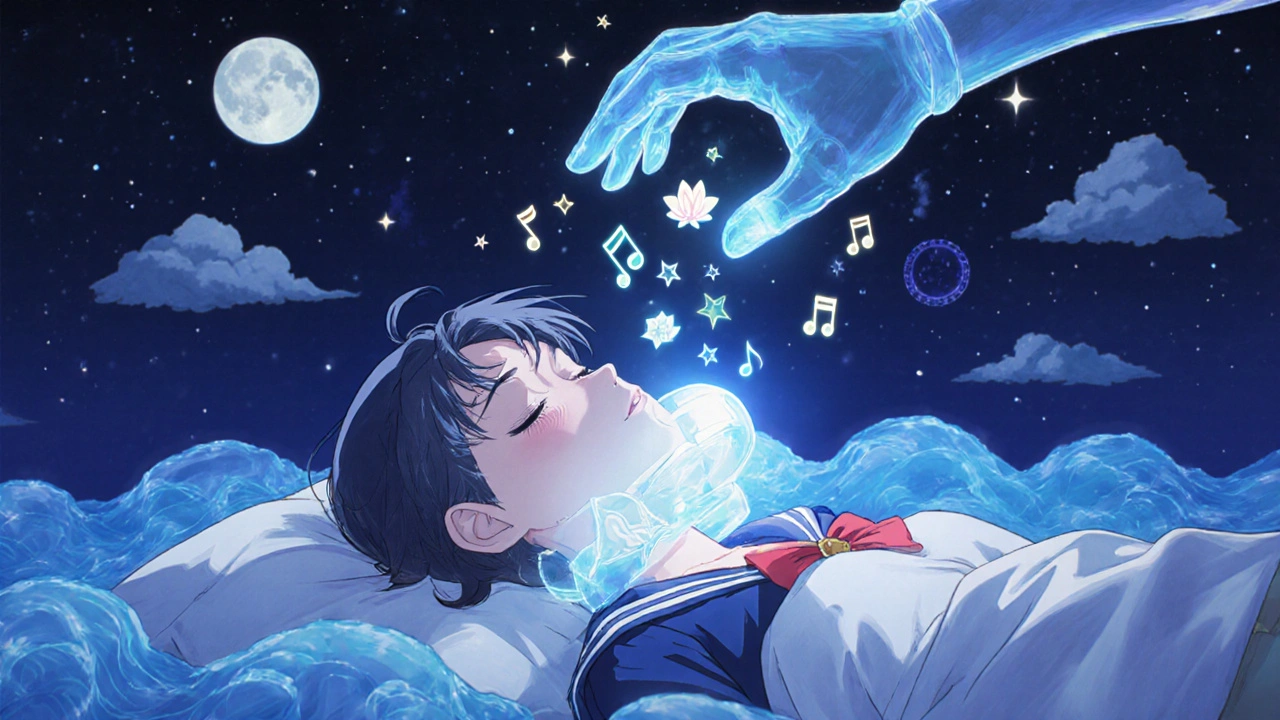 A girl lies still with a glowing neck brace, calm breaths dissolving nausea clouds into stars under moonlight.