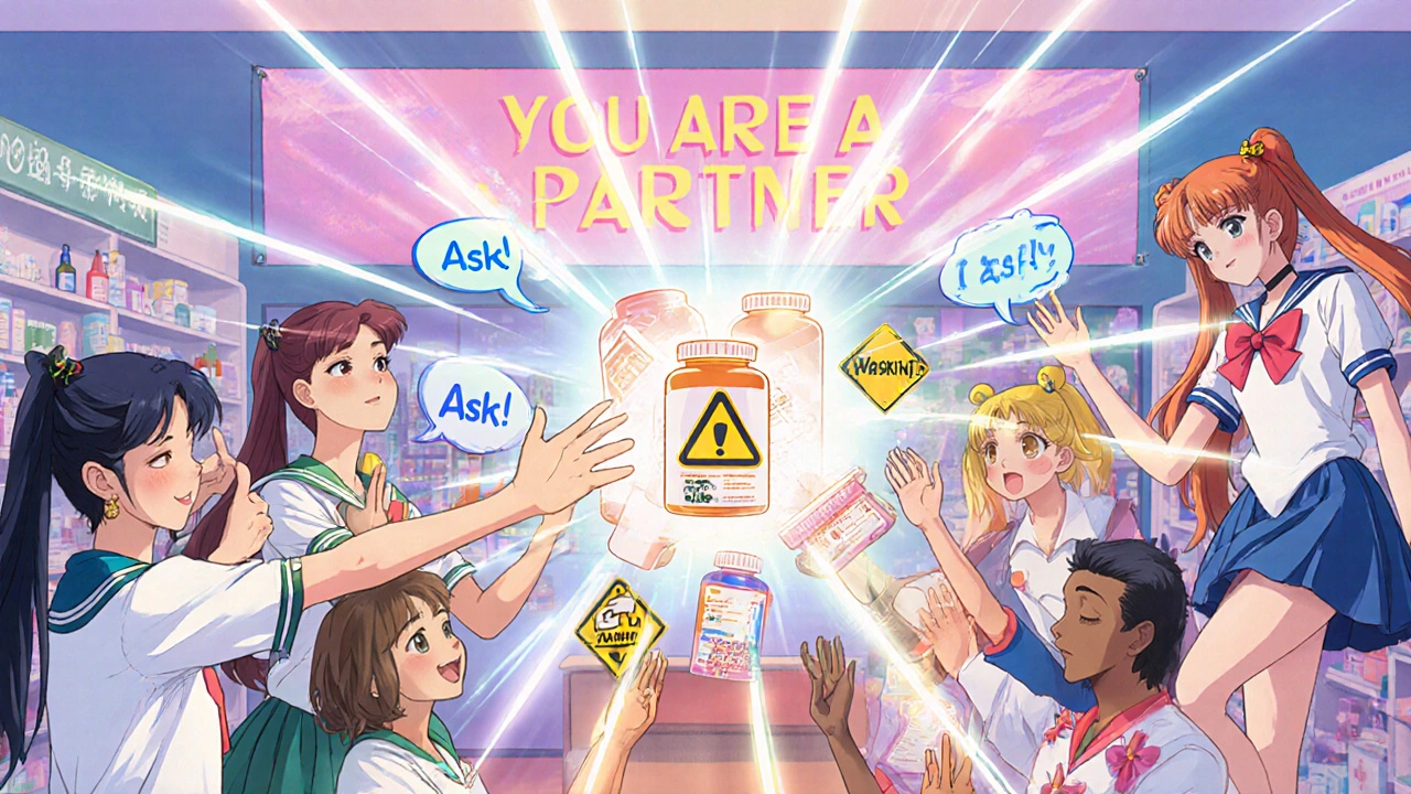 A group of patients emit energy beams forming a protective shield of medication icons, with a pharmacist smiling nearby.