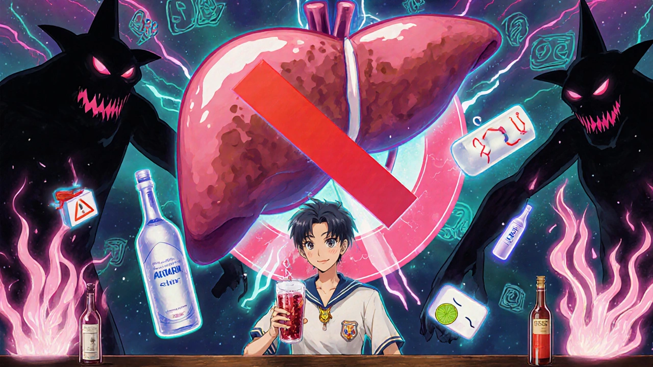 A liver with a stop sign, surrounded by alcohol bottles turning into monsters, a person holding a sugar-free drink with glowing health symbols.