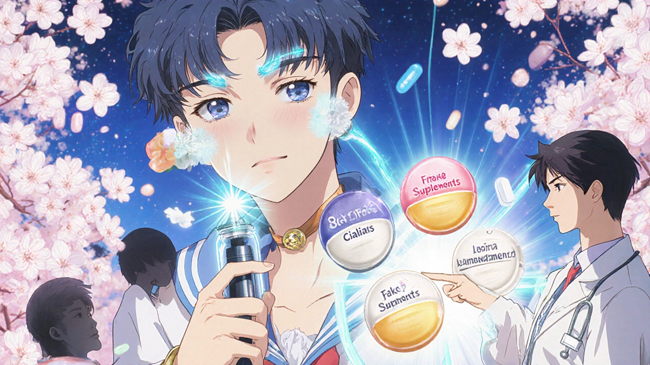 A man using a penile pump protected from fake supplements by a mystical shield.