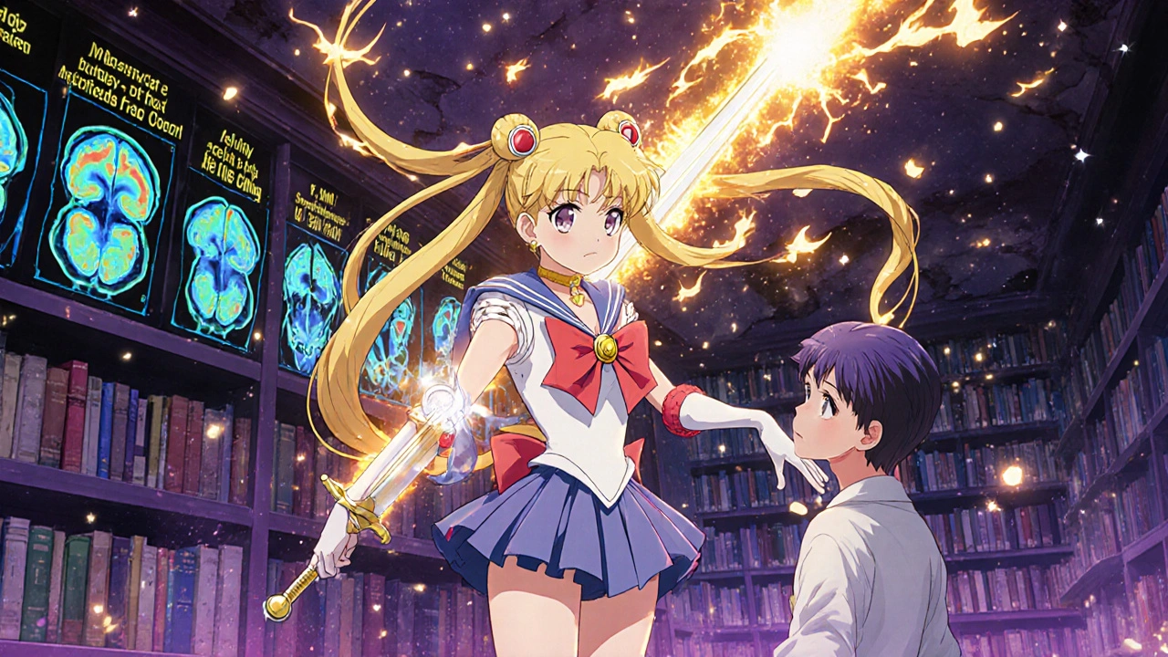 A medical hero destroys false health beliefs in a cosmic library while accurate brain scans glow brightly above a patient.