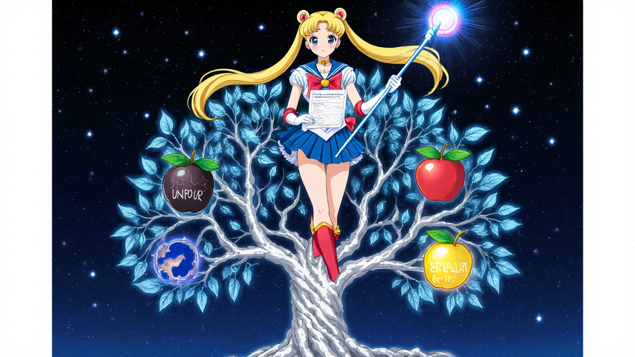 A mystical tree with two root systems representing unipolar and bipolar depression, guarded by a celestial figure.