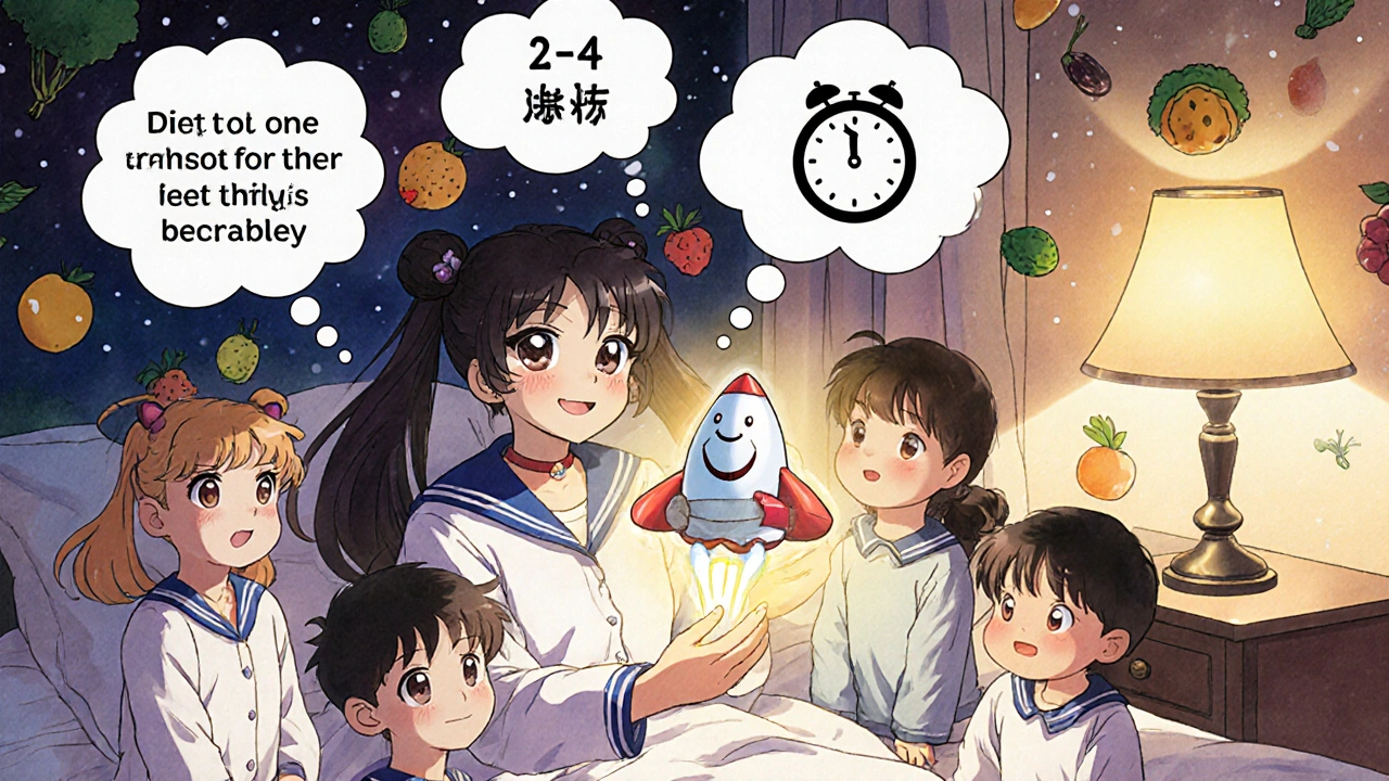 A nurse shows children that chewing gum passes through the body safely, depicted as a friendly spaceship exiting a cartoon stomach.